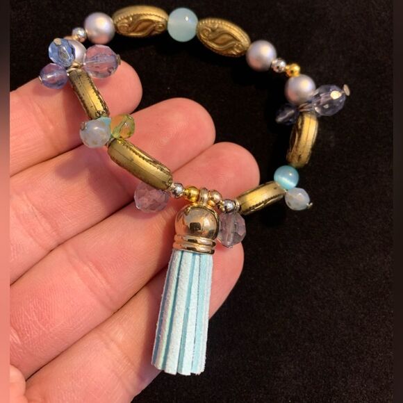 Beaded stretch bracelet tassel gold blue - Picture 1 of 2